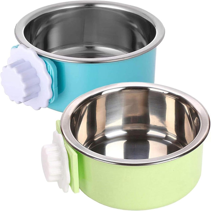 kathson Crate Dog Bowl, Removable Stainless Steel Hanging Pet Kennel Cage Bowl Food & Water Feeder Coop Cup for Puppy, Cat, Rabbit, Guinea Pigs Ferret Bird (2 P