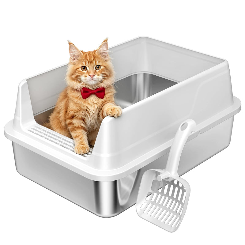 Tevila Stainless Steel Litter Box with High Sides, Small Metal Litter Box for Kittens & Senior Cats, Open Top Low Entry Non-Stick Easy Clean with Scoop, Gray