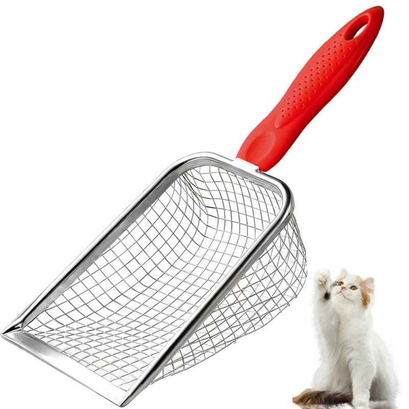 Apidgrowth Cat Litter Scoop - Long Handle Scooper, Rustproof Stainless Steel Mesh, Non-Slip Grip, Deep Shovel Sifter for All Litter Types, Easy Clean Kitty Waste Litter for Litter Box(Red)
