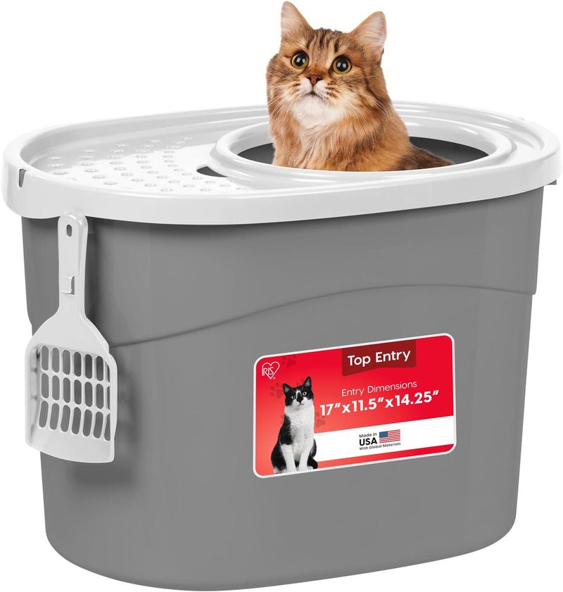 IRIS USA Top Entry Cat Litter Box, Hooded Privacy, Large, Gray/White