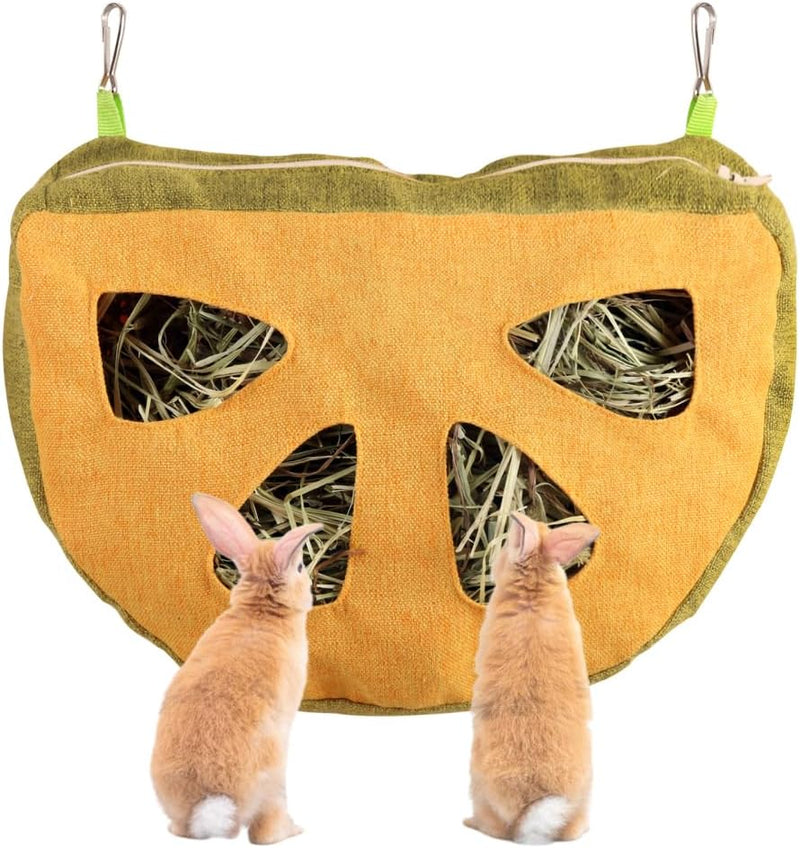 Hanging Hay Bag, 4 Holes Rabbit Hay Feeder Guinea Pig Feeding Bag with 2 Hooks for Bunny Hamster Chinchilla Small Animal