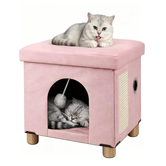 BRIAN & DANY Cat Beds for Indoor Cats,Cat Cave House for Kitten with Scratch Board & Ball,14.5X 12.5X 14.1 inches, Pink