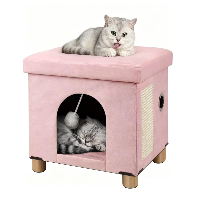 BRIAN & DANY Cat Beds for Indoor Cats,Cat Cave House for Kitten with Scratch Board & Ball,14.5X 12.5X 14.1 inches, Pink