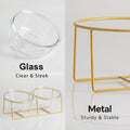Elevated Dog Bowl Set of 2 - Double Glass Bowls with Gold Iron Stand - Raised Dishes Comfortable Feeding - Ideal for Sma