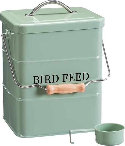 Bird Seed Storage Container, Airtight Metal Bird Food Canister Holds 5-6 LBS Wild Bird Feed, Bright Yellow Bird Feed Tin
