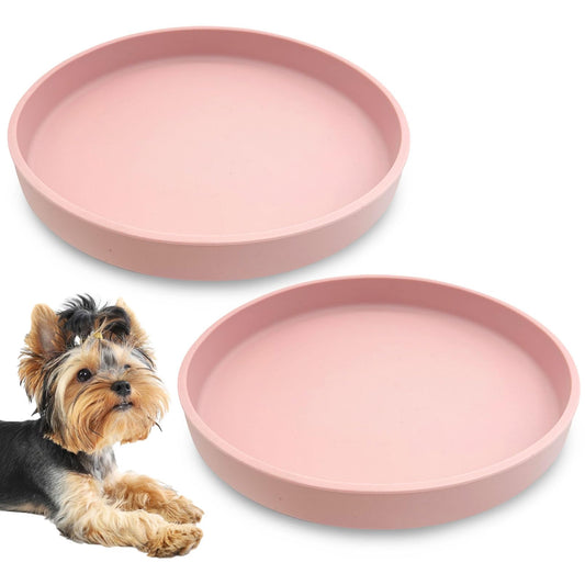Apatal Silicone Dog Bowl Shallow Cat Food Bowls 7" Wide Puppy Plates Whisker Fatigue Pet Feeding Dishes Set of 2 for Dry Food and Wet Food Indoor (Round Pink)