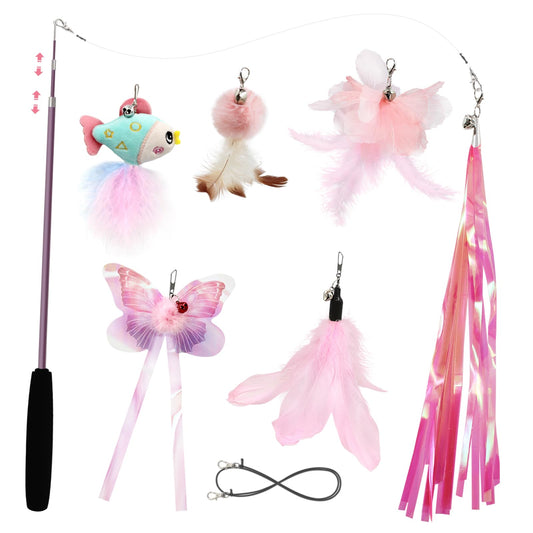 SONGWAY Cat Wand Toys for Indoor Cats - Cat Toy Set with Retractable Teaser Wand and 6 PCS Fairy Feather Toy Refills, Butterfly Tassel Plush Cat Toys Interactive, Pink