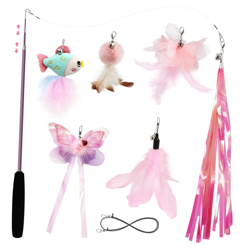 SONGWAY Cat Wand Toys for Indoor Cats - Cat Toy Set with Retractable Teaser Wand and 6 PCS Fairy Feather Toy Refills, Butterfly Tassel Plush Cat Toys Interactive, Pink