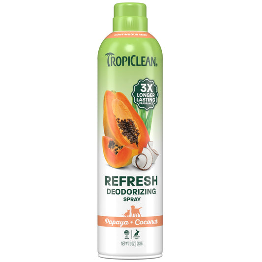 TropiClean Dog Perfume, Papaya Scented Dog Deodorizing Spray, 3X Long-Lasting Scent, After Bath Cologne & Detangling Spray with Vitamin E, 10oz.