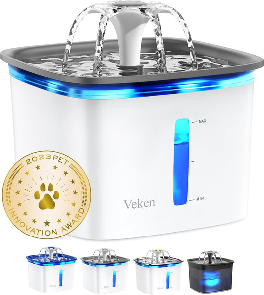 Veken Innovation Award Winner 95oz/2.8L Pet Fountain, Automatic Cat Water Fountain Dog Water Dispenser with Replacement Filters for Cats, Dogs, Multiple Pets (Grey, Plastic)