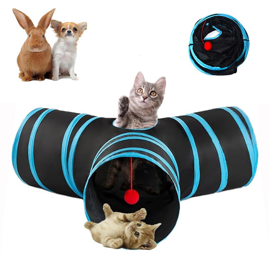 Mabaytir 3-Way Collapsible Cat Tunnel Tube Toy Black Blue — Interactive Play Tunnel with Hanging Ball & Peek Hole for Indoor Cats, Kittens, Puppies & Rabbits | Hours of Fun & Exercise