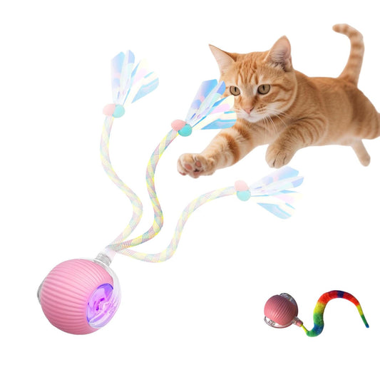 molxiobul Interactive Dog Cat Toy Ball, Upgraded Rechargable Rolling Pet Ball with 2 Tails, Smart Automatic Moving Toy for Bored Indoor Kitty Puppy -Pink