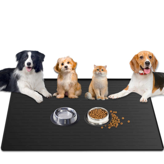 1.5MM Super Thick Dog Food Mat, 48"x32" Silicone Dog and Cat Mats for Food and Water Bowls, Waterproof Pet Feeding Mat for Contain Spills Protects Floors, Multiple Colors & Sizes for Pets, Black