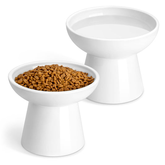 vancasso Extra Wide Elevated Cat Bowls 2-Pack, Shallow Ceramic Raised Cat Food and Water Bowls with 5.1" Height & 6.2" Wide - Anti Vomiting, Whisker Friendly for Senior Cats, and Small Dogs (White)