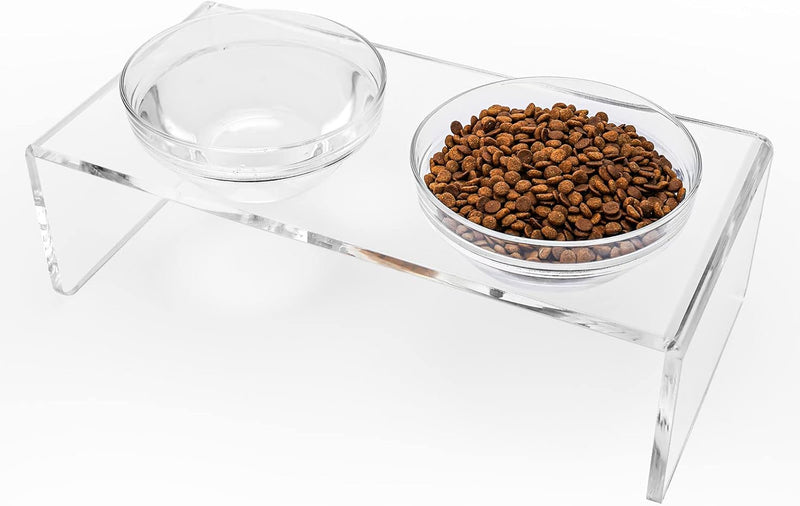Acrylic Elevated Dog Cat Bowls Pet Feeder Double Bowl Raised Stand Comes with 2 Removable Glass Bowls and 2 Stainless St