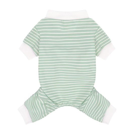 Paiaite Green Striped Dog Pajamas: 4-Legged Cotton Stretchable Jumpsuit Pjs - Lightweight Cozy Puppy Onesie Clothes, Comfortable Pet Sleepwear for Hair Shedding Coverage XS