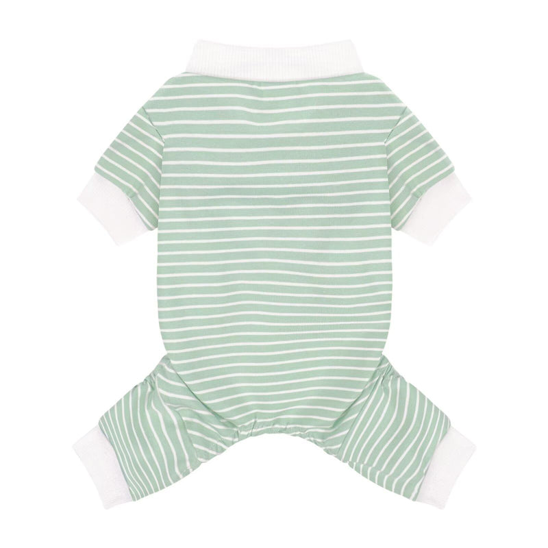 Paiaite Green Striped Dog Pajamas: 4-Legged Cotton Stretchable Jumpsuit Pjs - Lightweight Cozy Puppy Onesie Clothes, Comfortable Pet Sleepwear for Hair Shedding Coverage XS