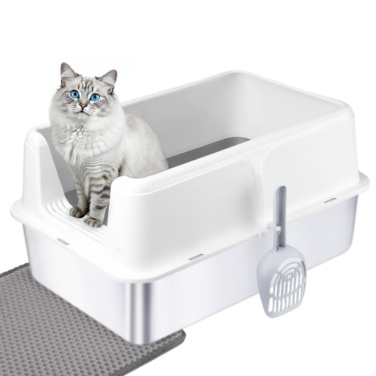 Stainless Steel Cat Litter Box with Lid – XL High-Sided Metal Litter Pan for Big Cats & Maine Coons – Enclosed, Anti-Urine Leak, Non-Stick, Odor & Rust Resistant, Easy Clean with Scoop & Mat, White