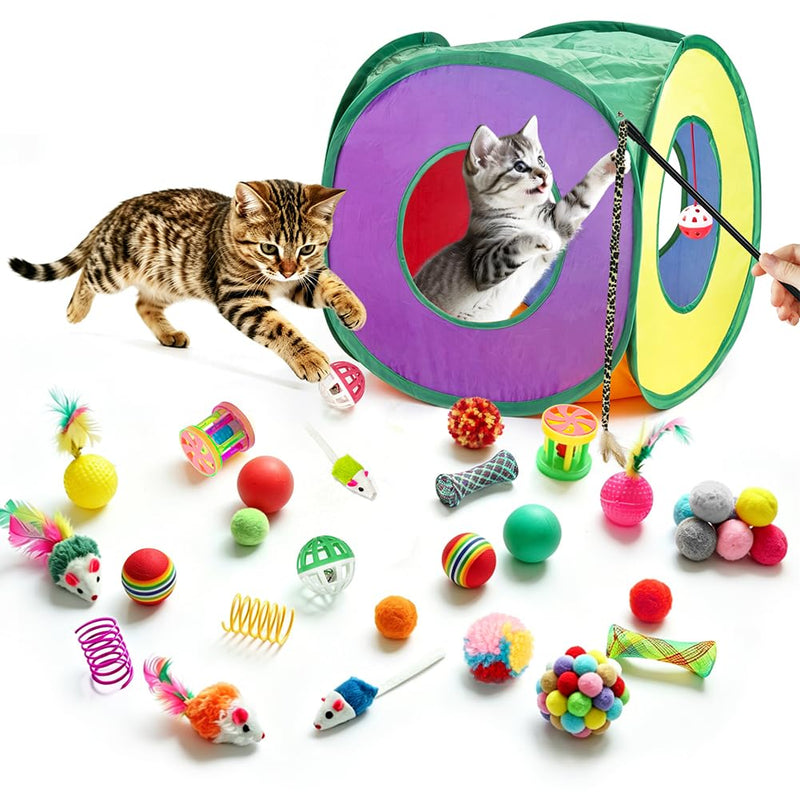 Retro Shaw Cat Toys Pack 33Pcs, Interactive Kitten Toys for Indoor Kittens Cats, Collapsible Kitty Tunnel Tent Feather Wand Springs Balls Bells Mouse Kitty Toys 15.7 Inches for All Breeds