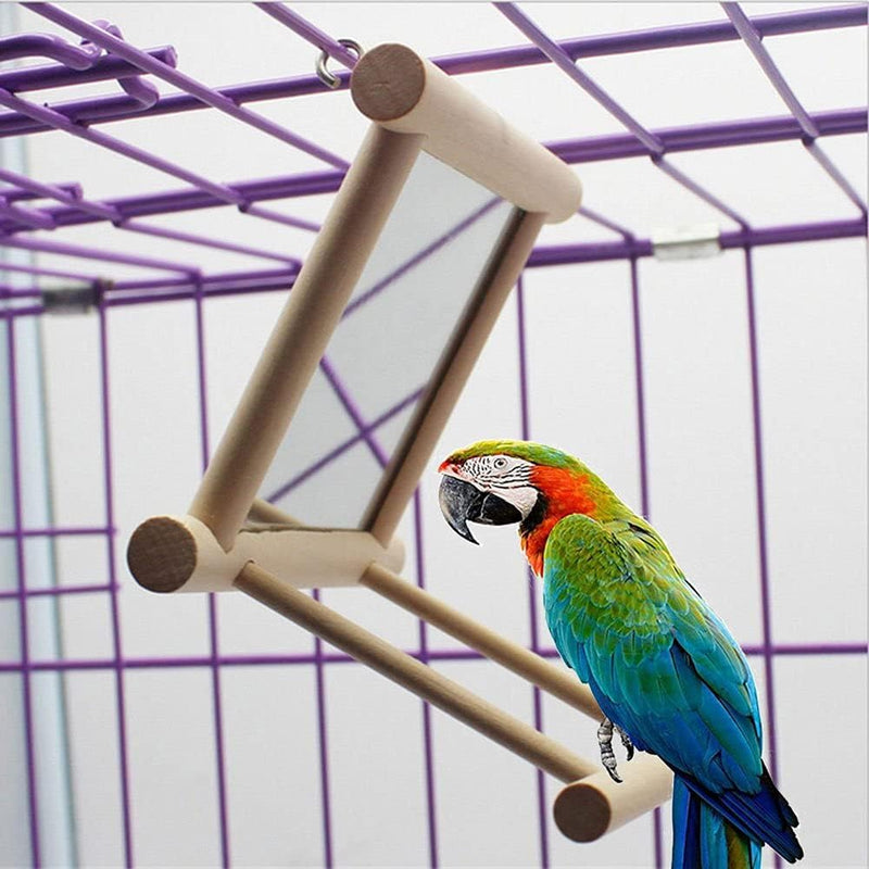 Bird Mirror with Swing and Perch for Parakeets Cockatiels Lovebirds Finches - Wooden Interactive Hanging Cage Toy, 3.7 x