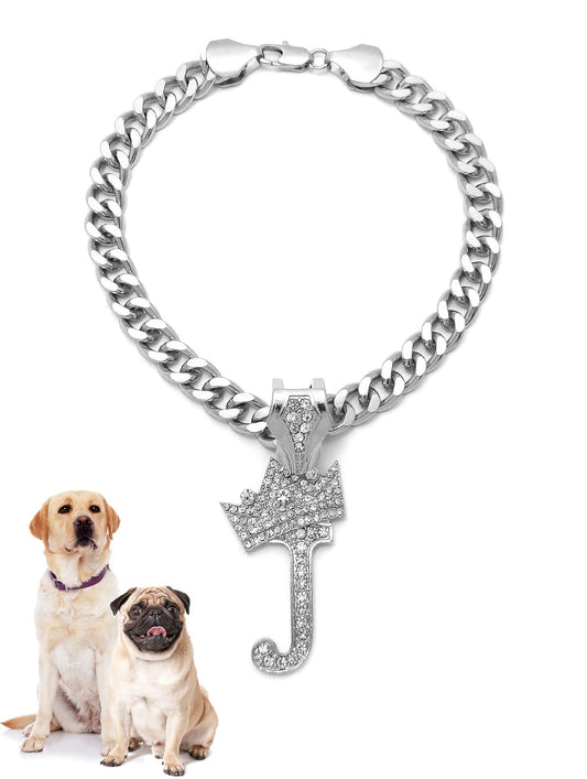 Icemond Rhinestone Studded Initial Pendant 26" Cuban Chain Fashion Costume Jewelry Necklace for Dogs Cats in Gold or Rhodium Tone (Rhodium - J)