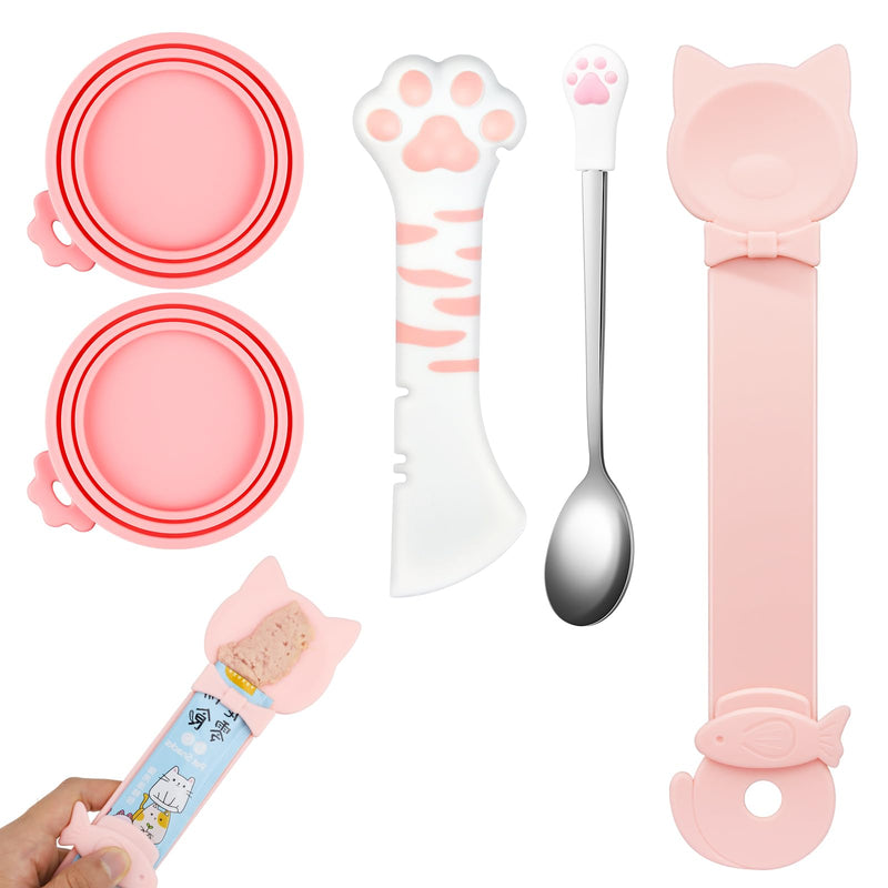 Aecsze 5 PCS Cat Food Can Covers Lids Set, Silicone Pet Food Can Lids with Multi-Function Cat Food Spoon and Opener, Cat Bar Squeezer, Stainless Steel Wet Food Spoon for Cats and Dogs (Pink) (Pink)