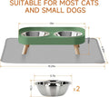 Elevated Cat Bowl with Food Mat, Raised Cat Food and Water Bowl Set for Indoor Cats, Splash Proof with 2 Stainless Steel Pet Food Bowls for Cats and Puppies,Whisker Fatigue and Dishwasher Safe (Green)
