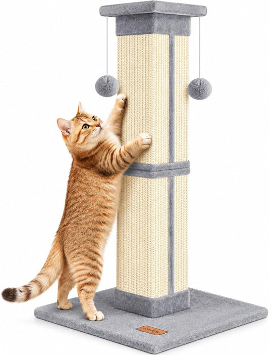 Fopetfy Cat Scratching Post 33 inch for Indoor Cats, High Cat Scratch Post Grey, Cat Tree for Full-Body Stretching, Protect Your Furniture
