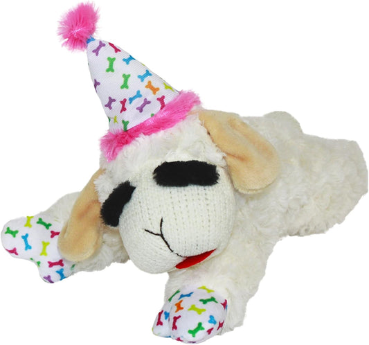 Multipet Lamb Chop Dog Plush Toy with Birthday Hat - Squeaky Dog Toy