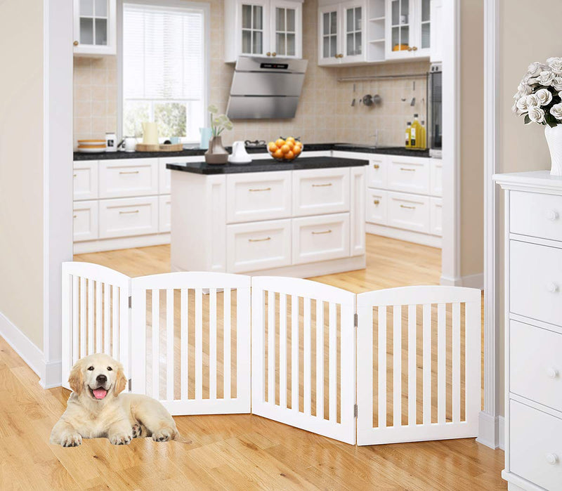 PAWLAND Wooden Freestanding Foldable Pet Gate for Dogs, 24 inch 4 Panels Step Over Fence, Dog Gate for The House, Doorway, Stairs, Extra Wide (White, 24