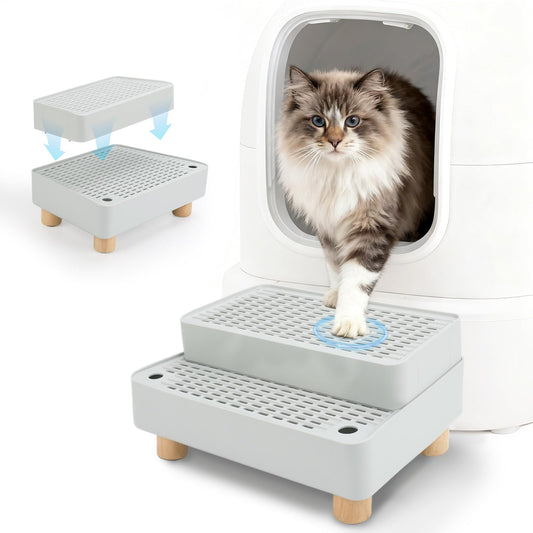 Midollarle Elevated Cat Ramp for Litter Box, 2 Steps Cat Pedal Step Stool with Wooden Base, Detachable Double Layered Cats Litter Trapper, Suitable for Small&Elderly Cats, Non-Slip(Grey)