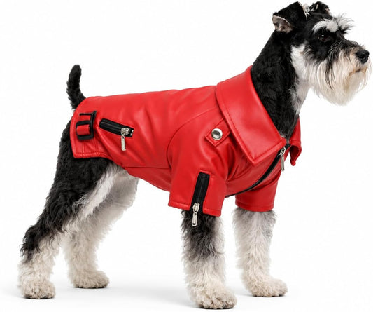 Lovelonglong Cool Dog Leather Jacket, Warm Coats Dogs Windproof Cold Weather Coats for Large Medium Small Dogs, Pomeranian Clothing Red M