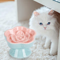 S&Q's CERAMICS Raised Slow Feeder Cat Bowl, Ceramic Elevated and Titled Glass Food Bowl Small Dogs Slow Feeder, Flower S