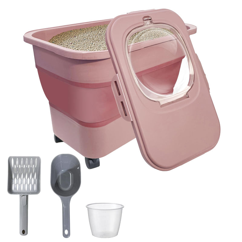 SECOAT Collapsible Cat Litter Storage Container with Rolling Casters,20 Lbs Cat Litter Storage with Wheels,Airtight Lids,Cat Litter Shovel,Portable Cat Litter Storage Bin Container,BPA Free (Pink)