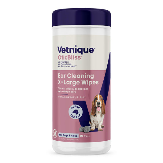 Vetnique Oticbliss Cat & Dog Ear Wipes - Dog Ear Infection Wipes or Dog Ear Cleaner Wipes for Dirty, Waxy, Smelly Ears, Odor Control with Aloe Vera & Salicylic Acid (X-Lg Ear Cleaning Wipes (60ct))