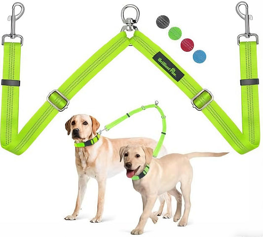 Brilliant Paw Double Dog Leash Coupler, No Tangle 360° Swivel Adjustable Reflective Dog Leash Splitter for 2 Dogs, Heavy Duty Shock Absorbing Bungee Lead Extension for Small Medium Large Dogs