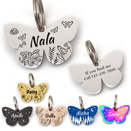 Personalized Dog Tags and Cat Tags, Stainless Steel Pet ID Tags, Collar Charm Engraved on Both Sides, up to 4 Lines of Custom Text, Various Patterns and Colors Options (Butterfly)