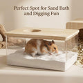 QWORK Hamster Sand Bath Box – Clear Acrylic Habitat Bath with Wooden Lid for Dwarf Hamsters, Digging & Grooming