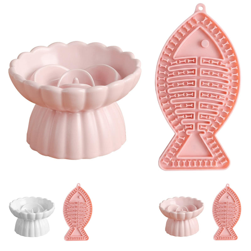 Ceramic Raised Slow Feeder Cat Bowl with Lick Mat, for Indoor Cats and Small Dogs Like Chihuahua, French Bulldog, Poodle,Anti Vomiting for Dry and Wet Food-Pink Bowl+Lick Mat