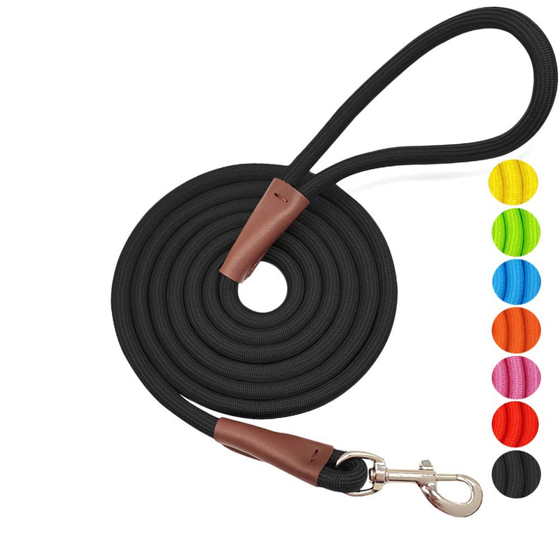 MayPaw 4/6 /8/10 FT Dog Leash, Classic Solid Colors, Strong Nylon Rope Dog Leash Reinforced with Leather Tailor Connection Heavy Duty Silver Clasp (Black, 6ft*1/2