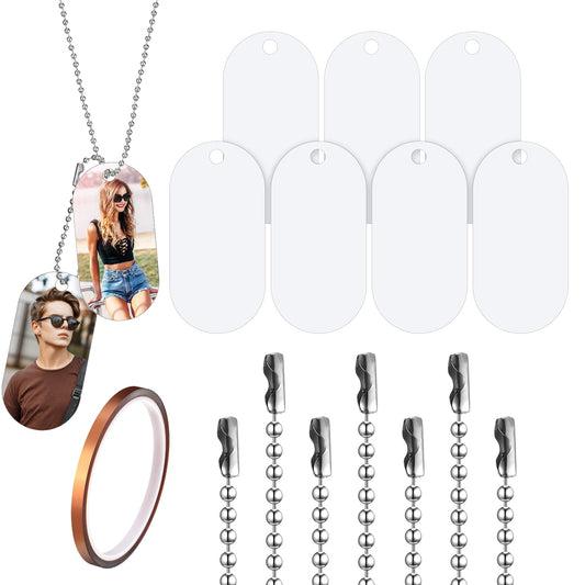 Hicarer 30 Sets Sublimation Blank Dog Tags with Chain Aluminum Blank Dog Tags Necklace for Sublimation Double Sided DIY Custom Tag Necklace Blanks Bulk Includes Heat Tape