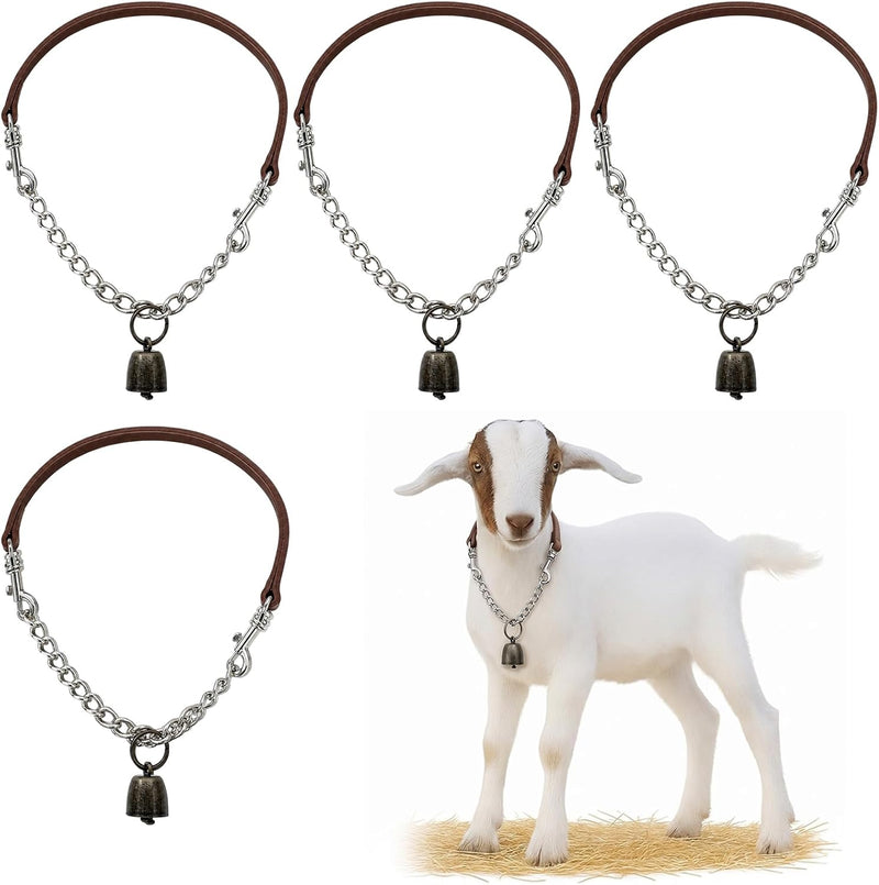 Misdary 4 Pack Goat Collars with Bells, Adjustable Iron Goat Chain Halter 14''-24'' Long for Sheep Horse Dog Cow Calf Fa