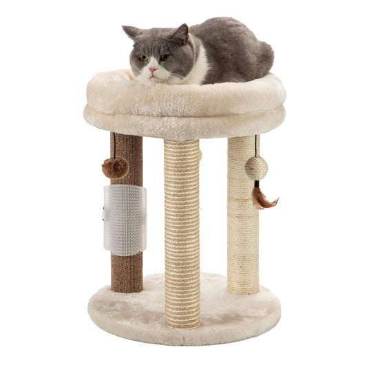 MECOOL 4in1 Small Cat Tree,Scratching Post with Tower Soft Bed, Sisal Carpet Jute Posts with Three Hanging Ball Toys and Massage Brush for Indoor Cats and Kittens