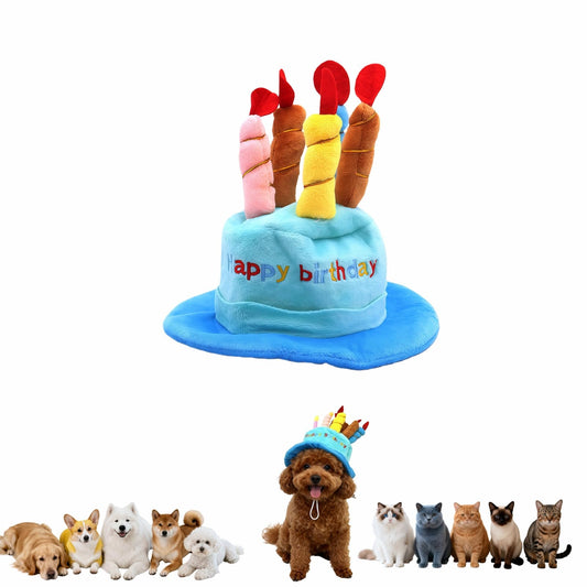 RyanDesign Pet Birthday Hat with Sound Generator, Blue Plush Cake Design with 5 Candles, Adjustable Party Hat for Dogs and Cats, 7.09 x 3.54 x 2.56Inch（Blue）