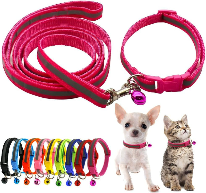 Hot Pink XXS Puppy Dog Collar with Bell Leash Set Reflective Cat Collars XS