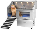 POLIMO Dog Washing Station with LED Display 61" (Left Ramp), 304 Stainless Steel Dog Bathtub for Large, Medium & Small Dogs, Professional Grooming Tub with Faucet, Storage Drawer, Floor Grate, Window