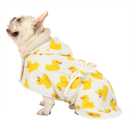 HDE Dog Bathrobe Super Absorbent Quick Drying Puppy Towel Wrap Coat Adjustable After Bath Robes with Hood for Dog Sizes S-XXL White Rubber Ducks M