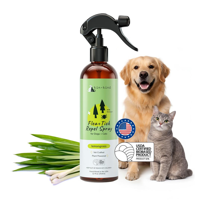 kin+kind Natural Flea and Tick Prevention for Dogs & Cats, Non-Greasy Coat Spray, Lemongrass, Vet-Formulated, 12 fl oz