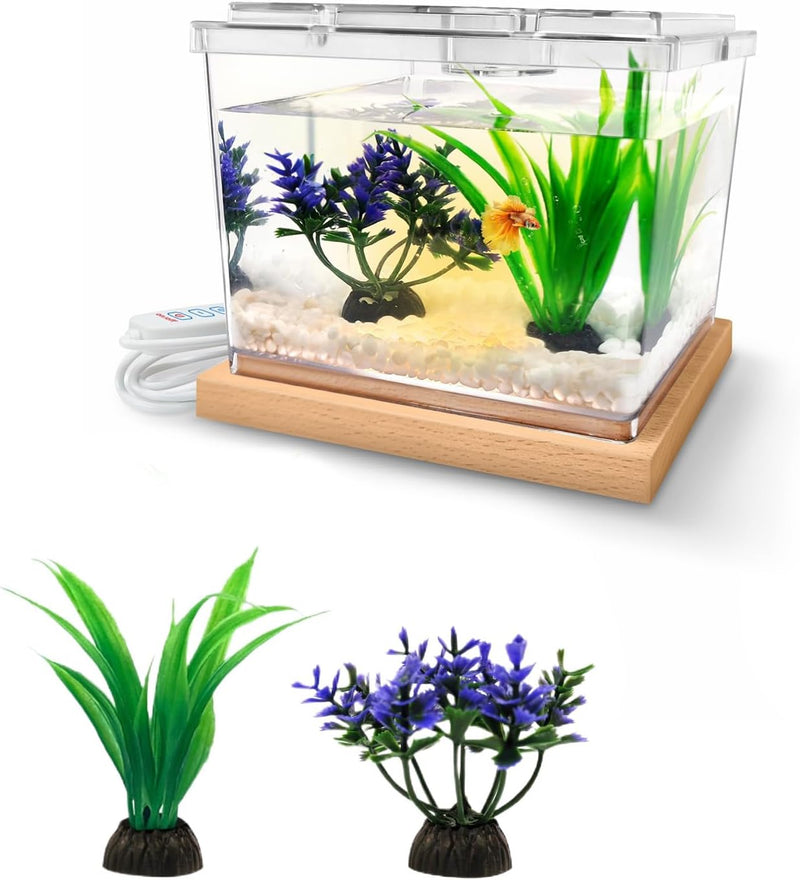 MoonOrange Mini Betta Fish Tank Kit with LED Light Base, 0.2 Gallon Temporary Holding Tank with Artificial Plants (Kit-2