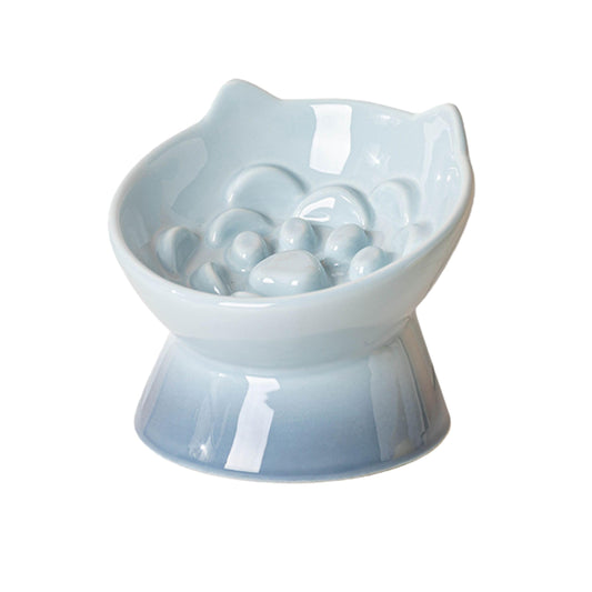 LE SERVETA Macarons Series Ceramic Slow Feeder Cat Bowl, Raised Puzzle Feeder, Anti Vomiting Cat Slow Feeding, Elevated Food Bowl, Whisker Friendly Pet Bowl with Cute Ear Design (Gradient Blue)